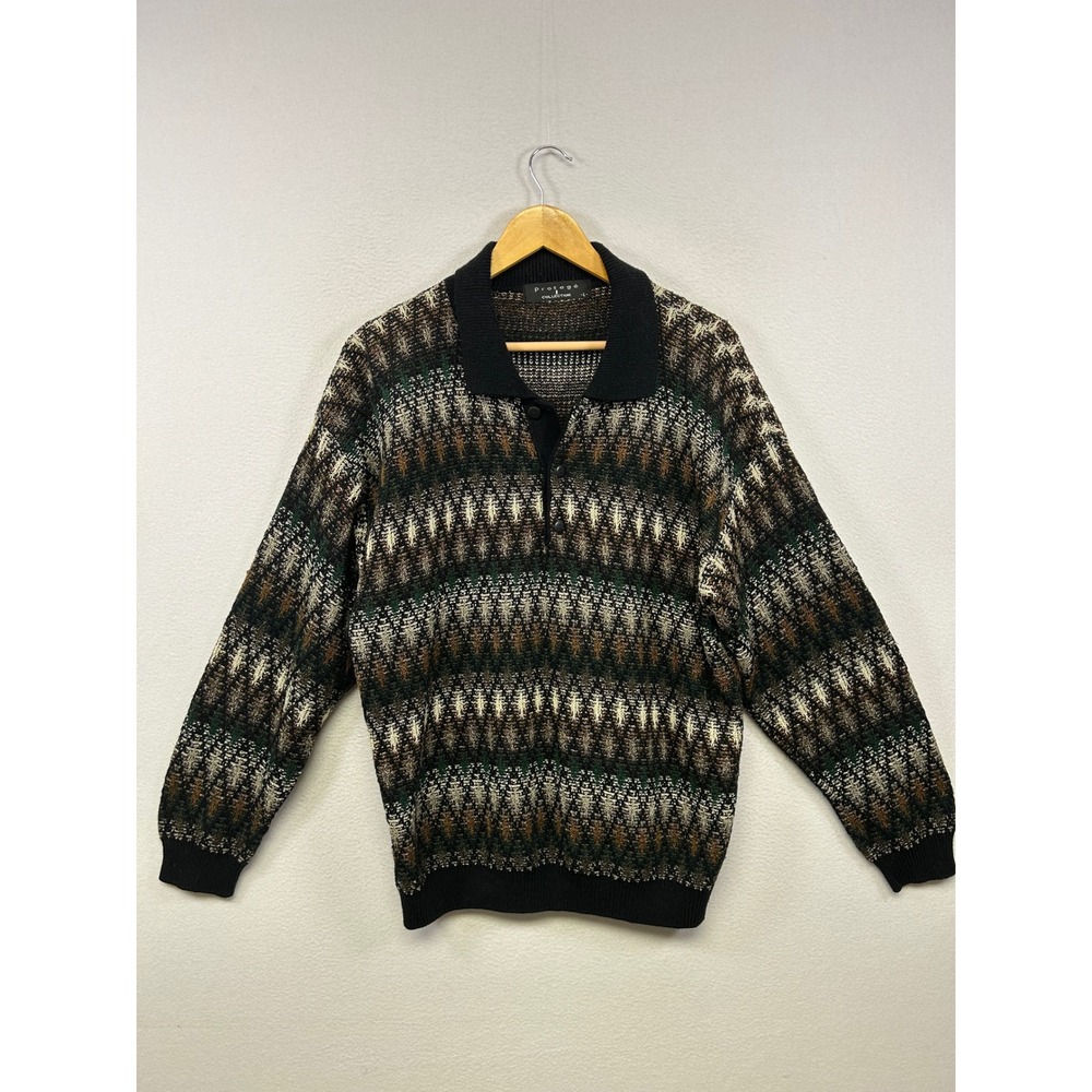 Grandpacore Vintage Protege Collection Mens L Black Brown Geometric Polo Sweater